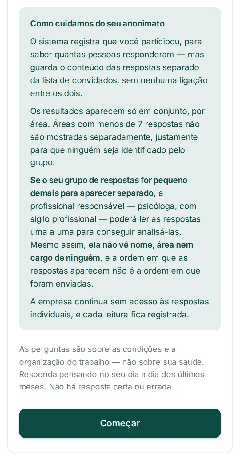 Tela de abertura da pesquisa no celular, com o quadro "Como cuidamos do seu anonimato" e o botão Começar.